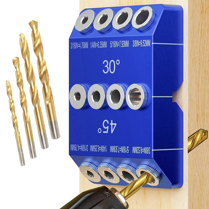 30 45 90 Degree Angle Drill Guide Jig, Drill Jig For Angled Holes And Straight Hole With 4 Sizes Steel Drill Bits Durable