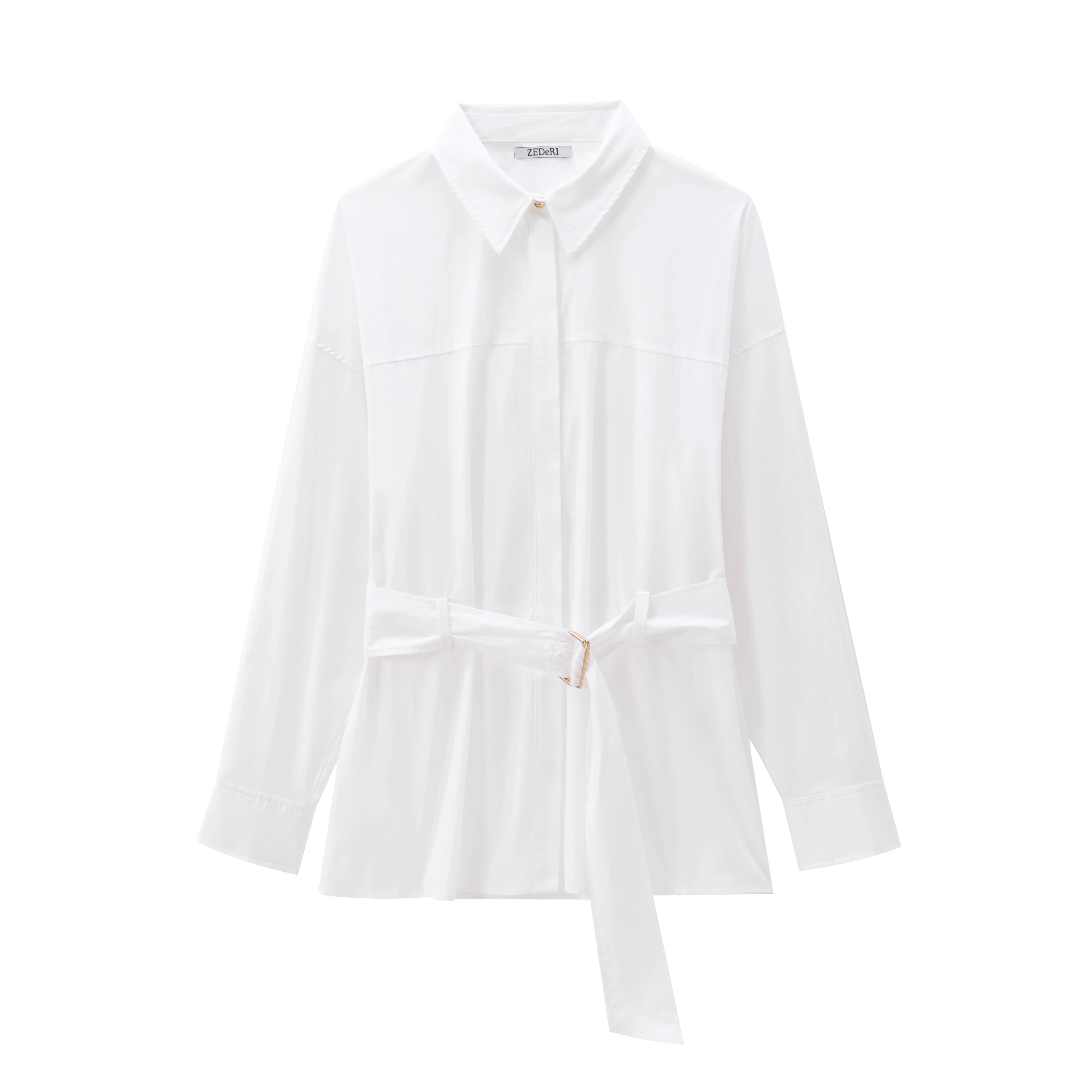 

ZBZA Autumn New Women's Street Sle irt with Belted Hunting Suit Design Long Sve Turn-down Collar Pure Color Polyester