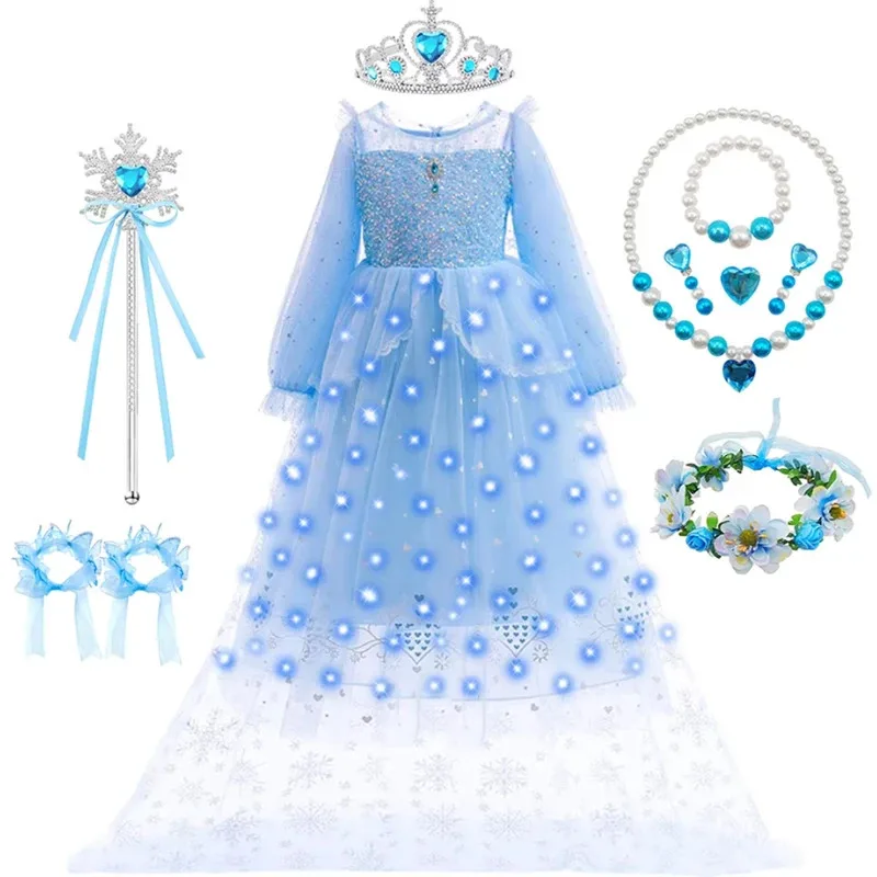 

Elsa Cosplay Princess Dress Girls Sequined Mesh Deluxe Long Sleeves Gown Kids Carnival Costume Children Birthday Clothing