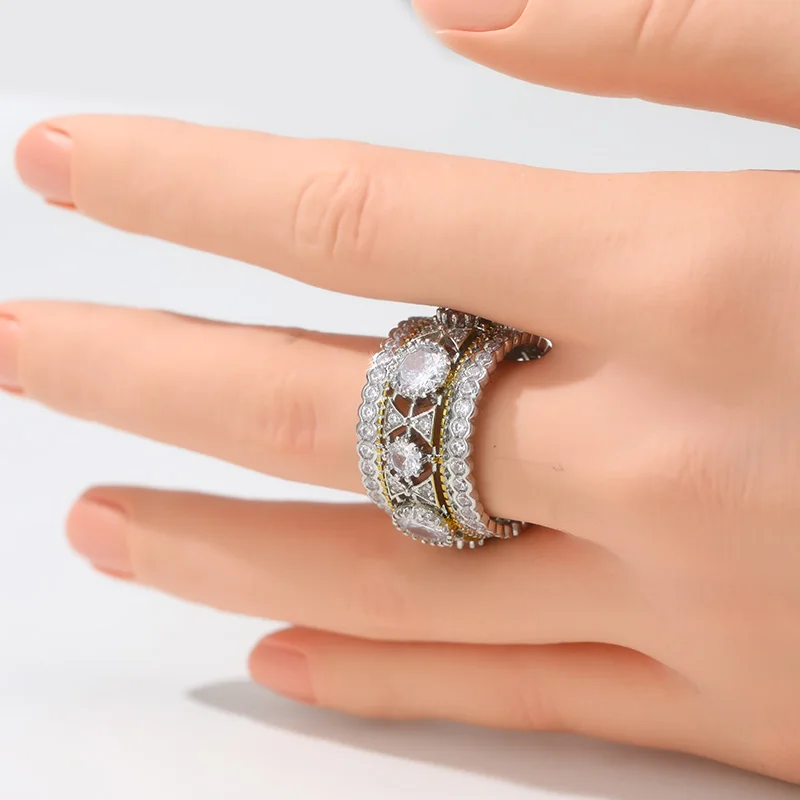 Gorgeous Delicate Synthetic Zirconia Two Tone Hollow Wide Ring Women's Elegant Luxury Banquet Celebration Fine Jewelry Accessory