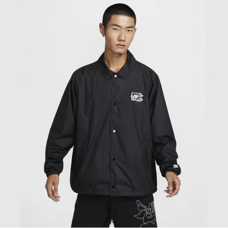 

Nike Loose-Fitting Retro Patch Sports Men's Coach Jacket New Lightweight Soft Woven Button Casual Top Simple Lapel Black Versatile Commuter Jacket Trendy Men's Must-Have Fz0801-010