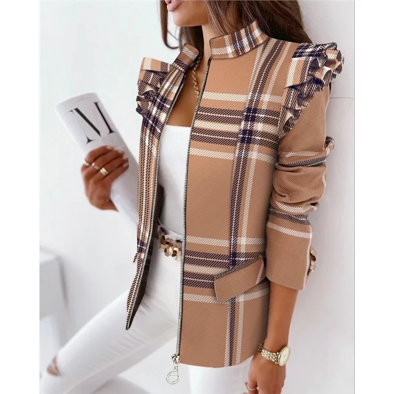 Women's Ruffled Edge Long Sleeve Zipper Printed Suit Small Coat Fashionable Elegant Design for Casual And Formal Occasions