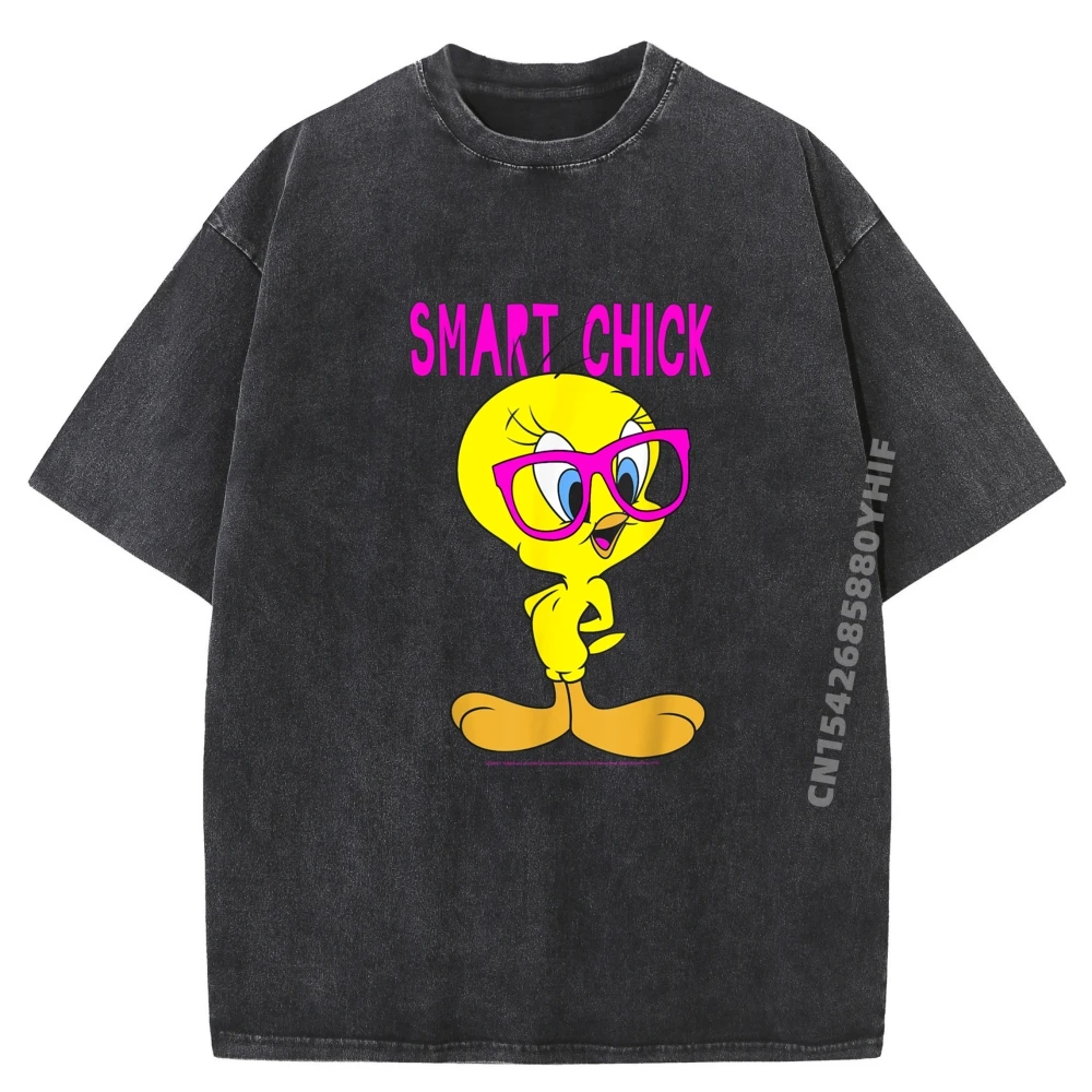 

Tweety Bird Smart Chick Tops Tees Funky Printed T-shirt Man Funny Graphic Tees Luxury Designer Men Tee-Shirts Retro Washed Shirt