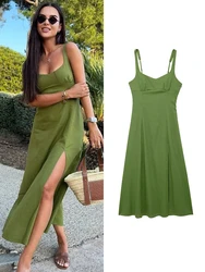 TRAF 2024 Women's Spring Summer Dress Versatile Fashion Style Linen Adjustable Shoulder Strap Split Sling Dress