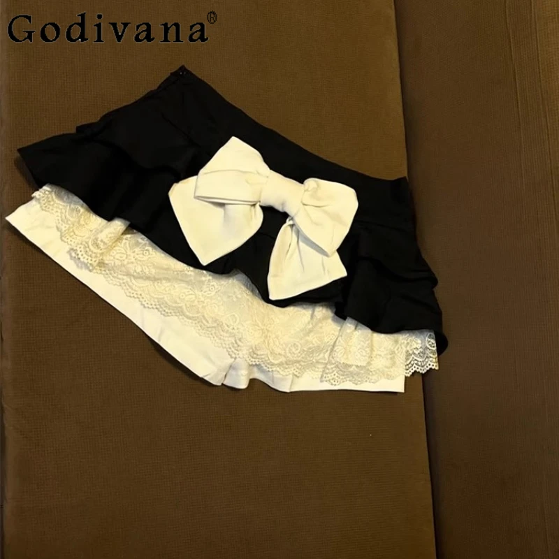 

Hot Girl Pure Desire Lolita Skirt Original Black Bowknot Sweet Short Skirt 2025 Summer Women's Unique Irregular Lace Short Skirt
