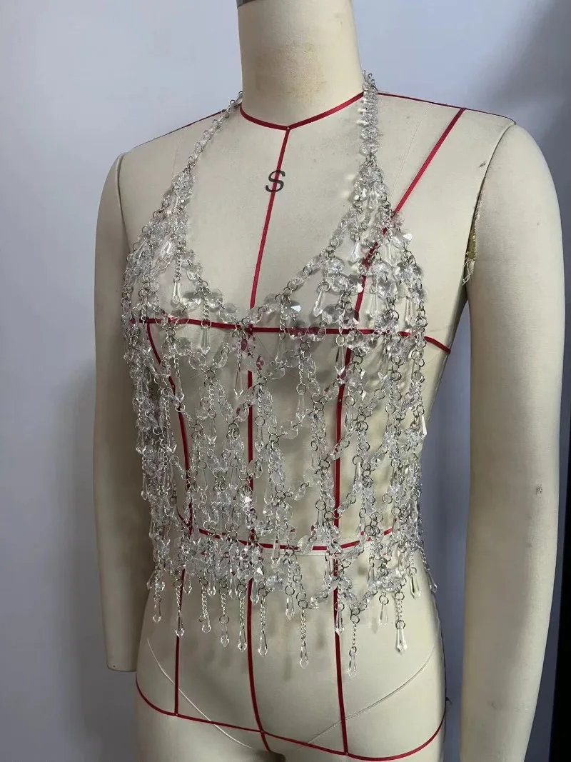 Catena per il corpo con strass di cristallo scintillante Donna Sexy scava fuori Vedi attraverso scollo a V Halter Backless Nappa Gilet Clubwear Camis