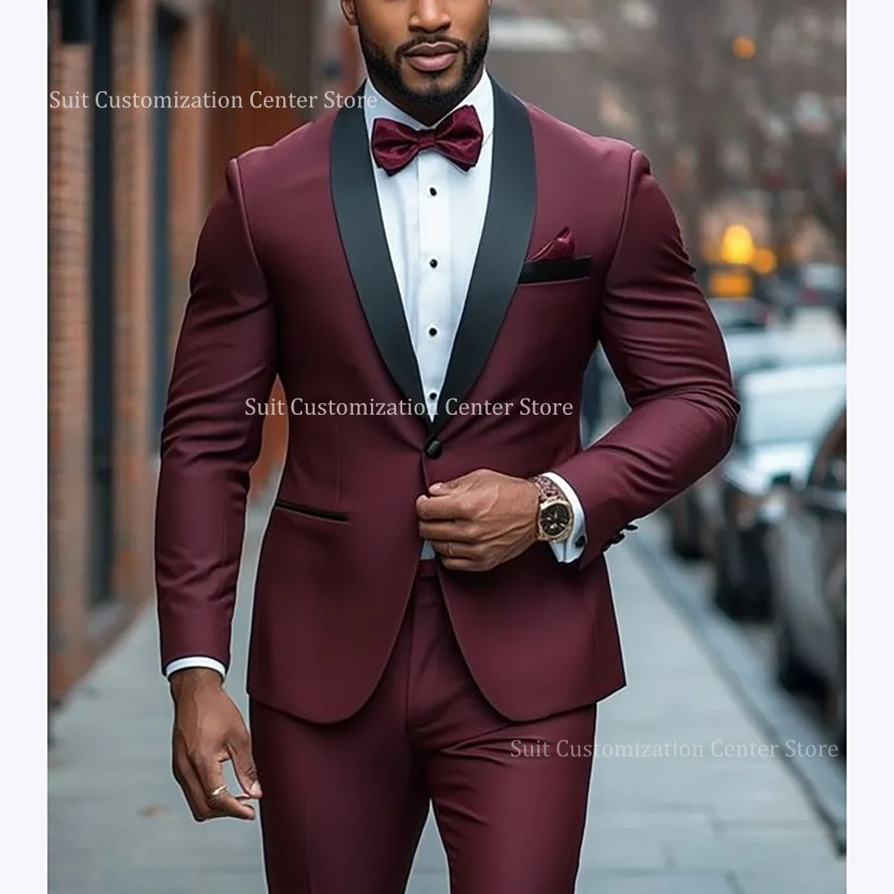 

Бордовые мужские костюмы для свадьбы, жениха, элегантная шаль, Laepl, на одной пуговице, умная повседневная куртка, брюки, деловые мужские комплекты для вечеринок