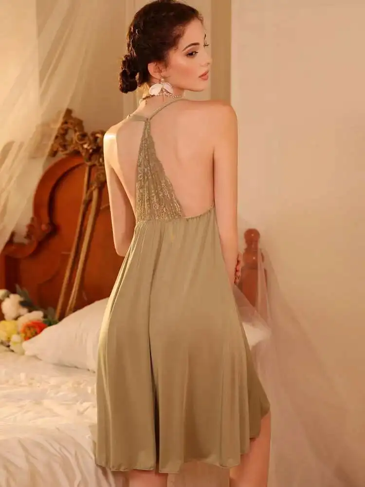 Koronkowa Sukienka z Siateczki w Jednolitym Kolorze, Styl Casual, Elegancka i Urocza Sukienka Bez Pleców z Głębokim Dekoltem V, na Ramiączkach, Bez Rękawów, PGGN