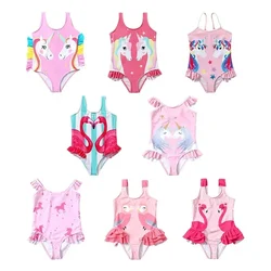 Baby Girls Swimwear Mermaid Carton Print Toddler Kids Ruffle One-piece Swimsuit Bathing Suit Girls 90-120cm Beachwear Swimming