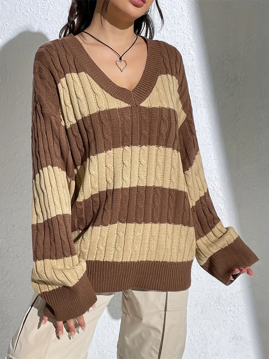 Fashion Color Block V Neck Cable Knit Sweater Casual Long Sleeve Drop Shoulder Sweater Y2k Vintage Women's Clothing