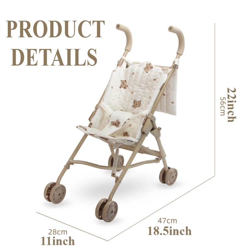 Cute Doll Stroller for Dolls Folding Doll Pram with Bear/Floral Print Doll Accessories Pretend Play Birthday Gift for Boys Girls