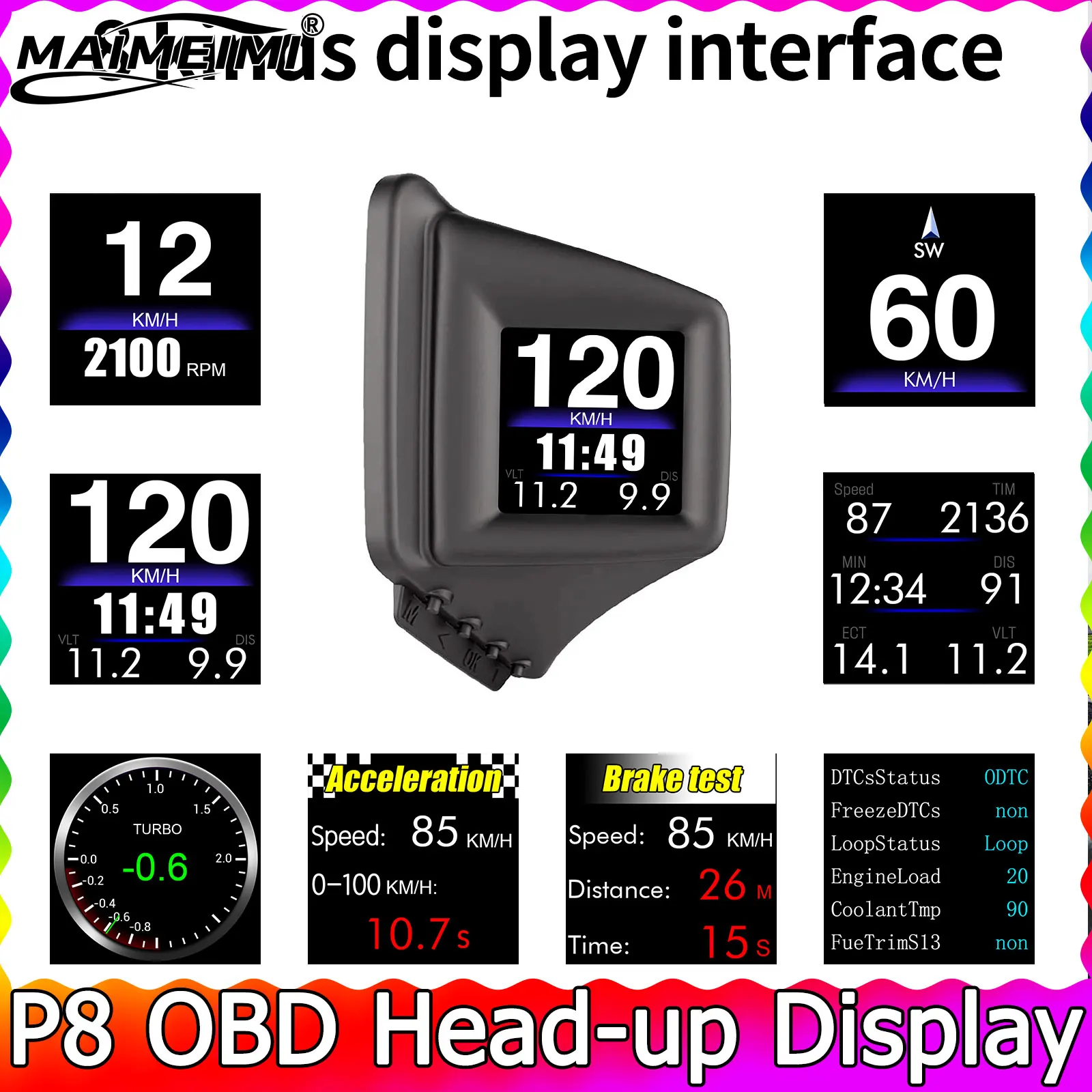 Speedometer KMH P8 HUD OBD2 On-board Computer Head Up Display Car Tachometer Turbo Oil Pressure RPM Water Temp