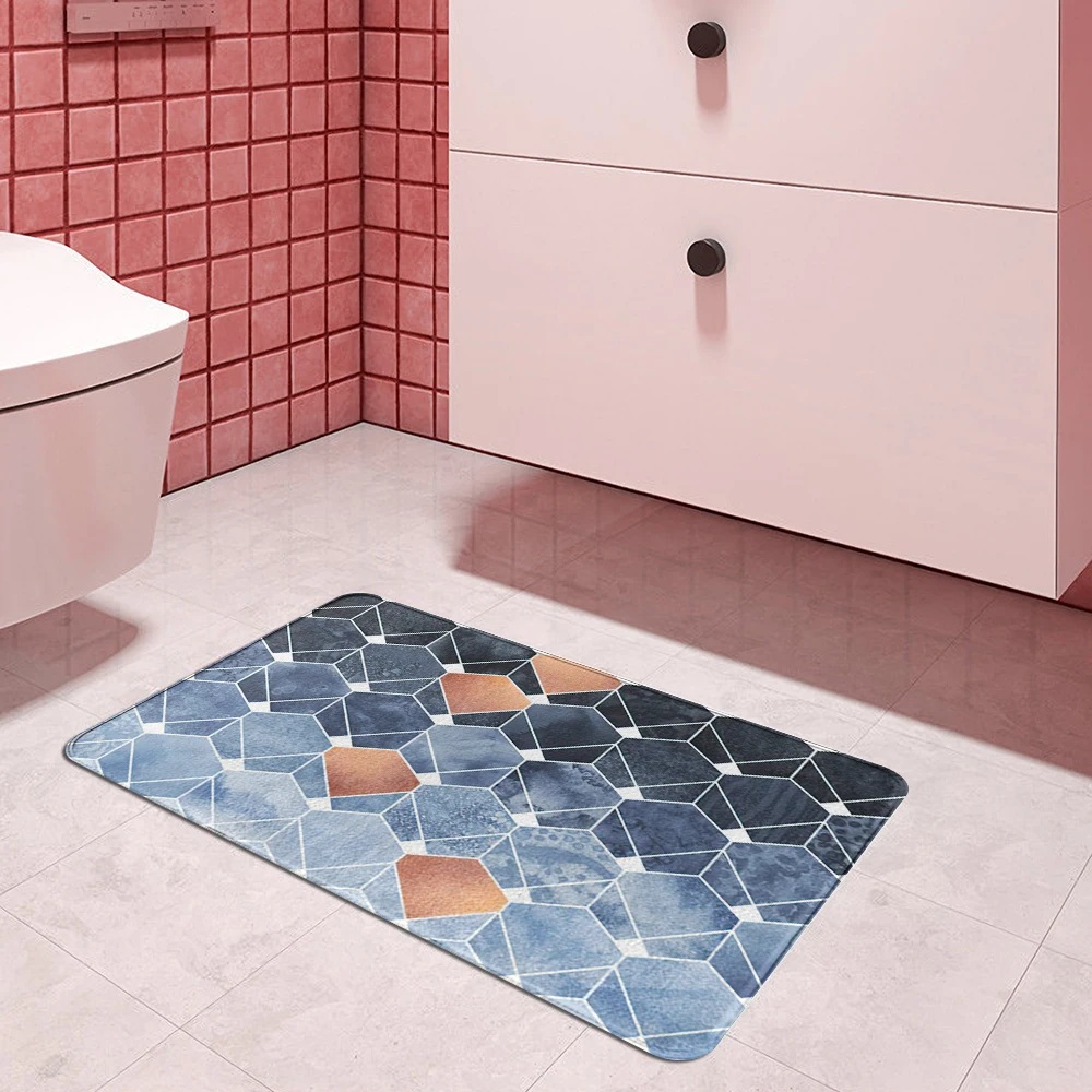 Grey Blue Geometric Pattern Kitchen Entrance Door Mat 40cmx60cm Coral Velvet Carpet Doormat Indoor Floor Mats Anti-Slip Rug