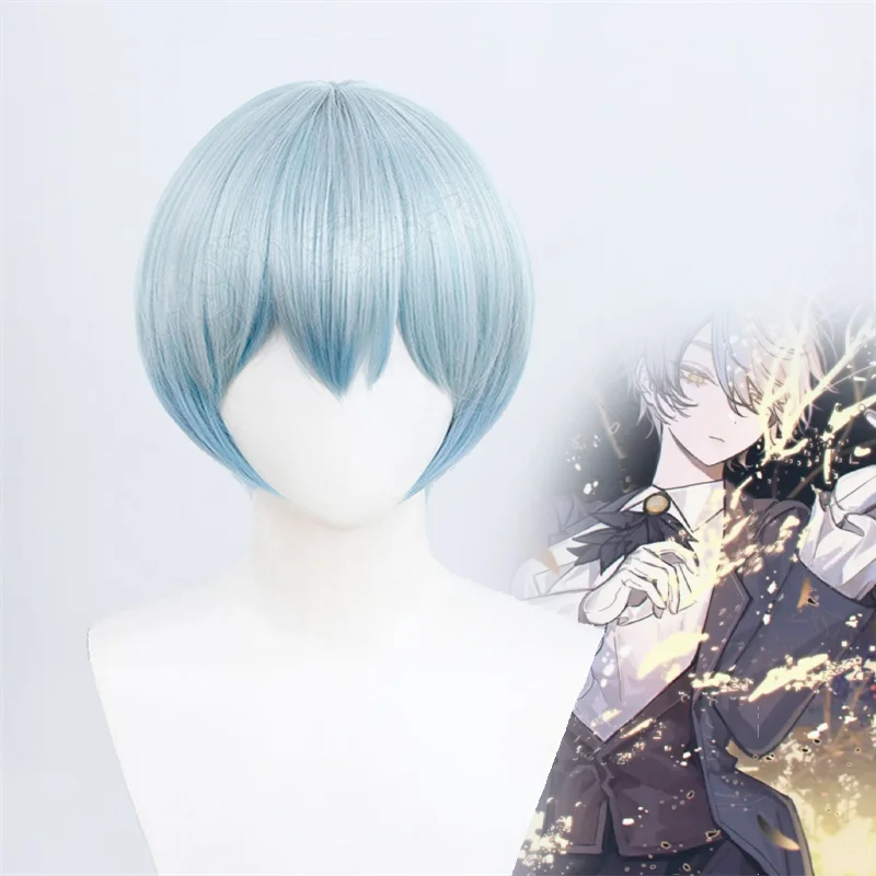 Jogo biblioteca de ruina angela cosplay peruca adulto unisex azul cabelo curto resistente ao calor perucas sintéticas prop