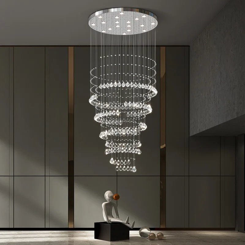 normichy lampada pingente cromada escada espiral lustre de cristal grande decorativo teto alto sala de estar moderno luxo novo design 01