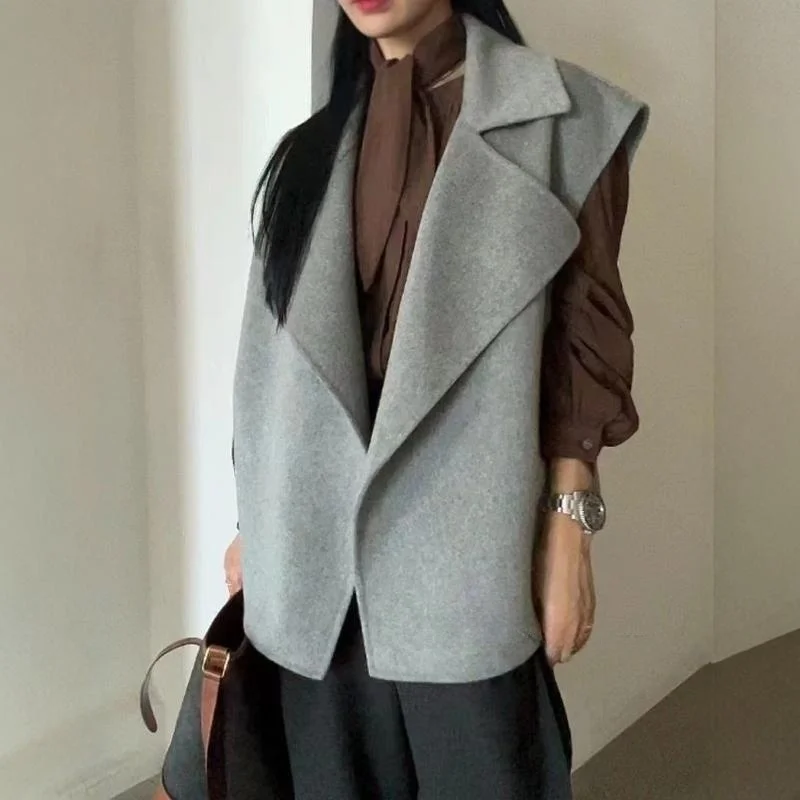 Double Sided Wool Vest Women Retro Elegant Solid Color Loose Fit Autumn Winter New Style