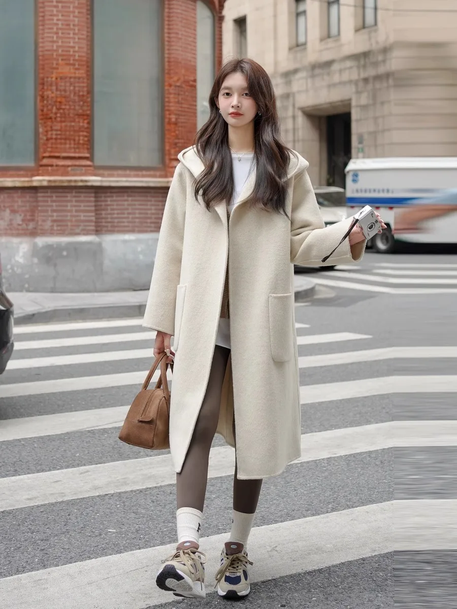 Women's Double-Faced Woolen Coat Long Sleeve Hooded Mid-Length Single-Faced Woolen Jacket Button Design Autumn Winter New Style