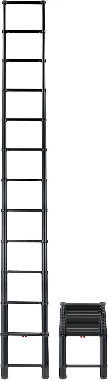 Telescoping Ladder, Patented One-Touch Release, OSHA Compliant Black Tactical 12.5 ft Extended Height