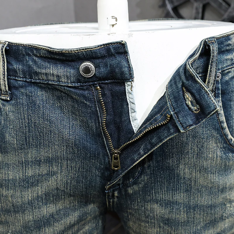 Fashion Designer Men Jeans Retro Washed Blue High Quality Stretch Slim Fit Ripped Jeans Men Trousers Vintage Denim Pants Hombre