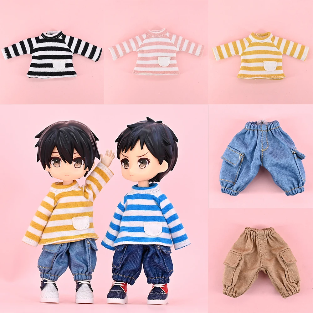 Cute casual OB11 Striped Sweatshirt Dolls T-shirt Clothes With Pocket Accessories For 1/12 BJD Doll and Obitsu11,YMY,DOD BJD