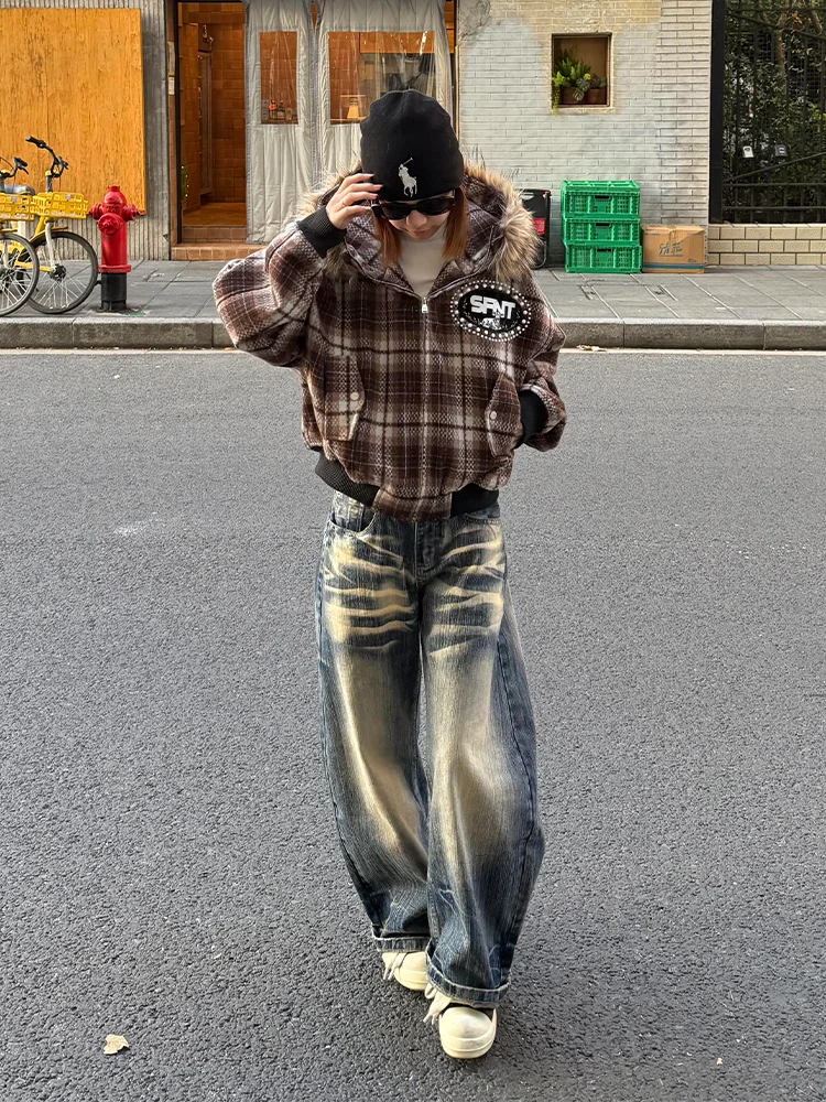 

High Waist Straight Leg Vintage Washed Bamboo Pattern Wide Leg Jeans Women Loose American Style Slimming Versatile Floor Leng...