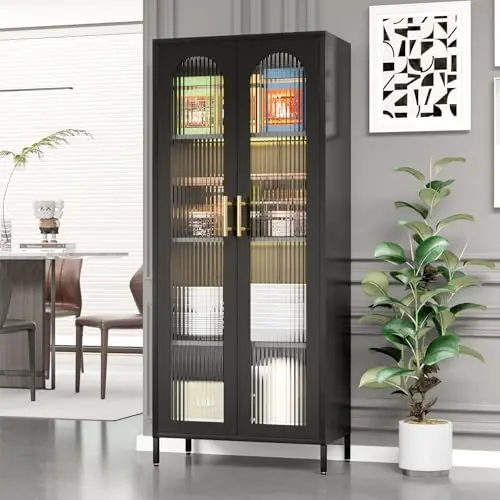 

Storage Cabinet with Glass Doors,Tall Ktichen Pantry Cabinet with Doors and Shelves,Black Display Cabinet,Metal Cabinet for Dini