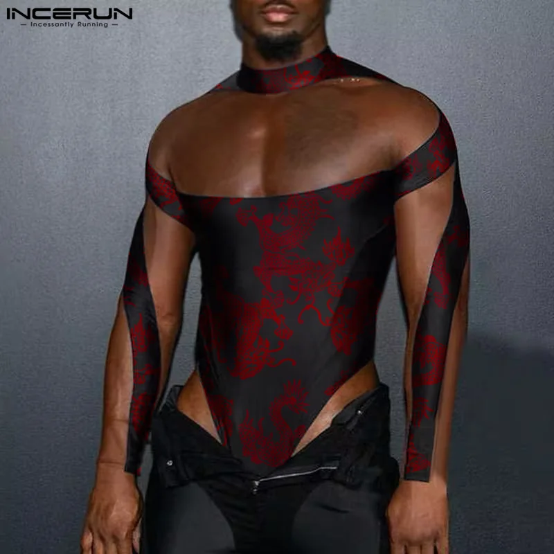 2023 Men Bodysuits Mesh Print Patchwork Turtleneck Long Sleeve Sexy Rompers Streetwear Transparent Fashion Male Bodysuit INCERUN