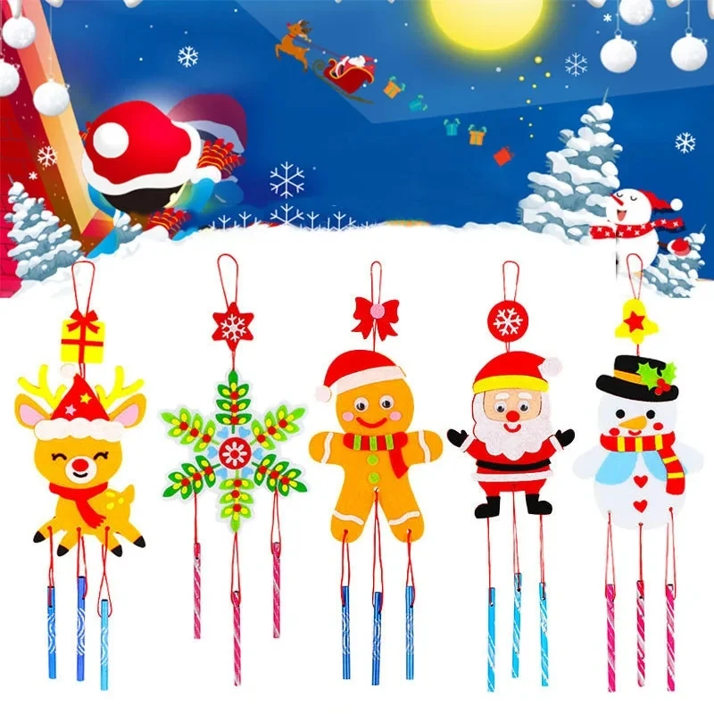 6Pcs/set Children DIY Christmas Wind Chimes Kindergarten Handmade Craft Toy Kits Windbell Arts Cartoon Hangings Stickers Decor