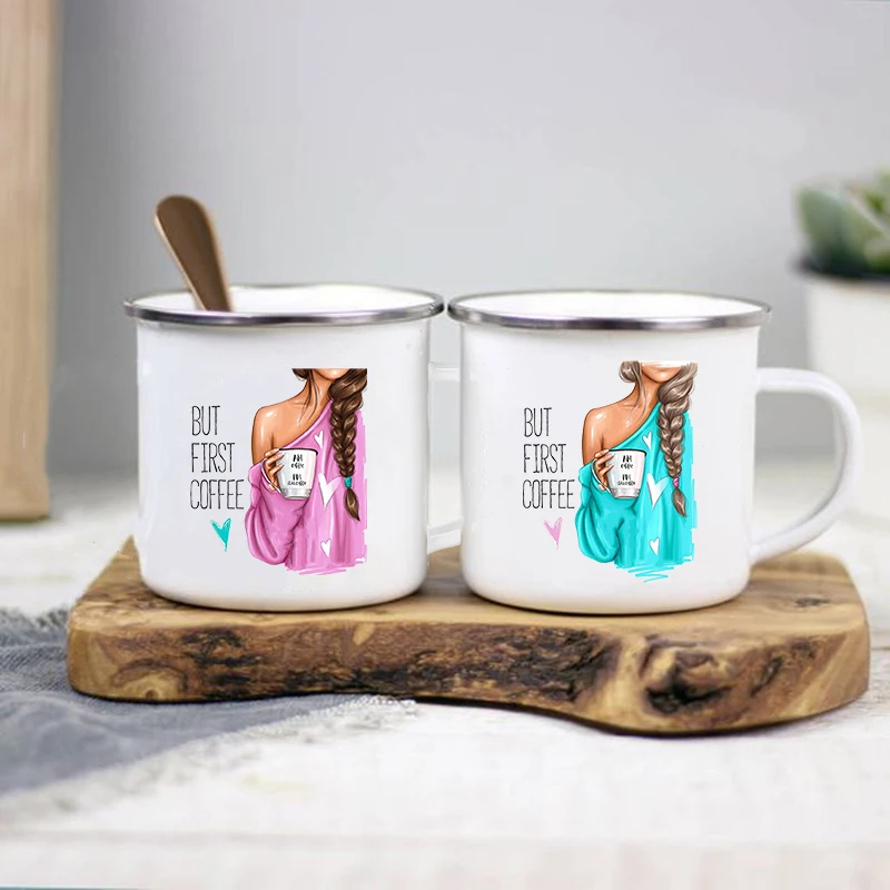 But First Coffee Girl Printed Mugs Creative Coffee Cup Drinks Dessert Breakfast Milk Cups Enamel Mug Handle Drinkware Best Gifts