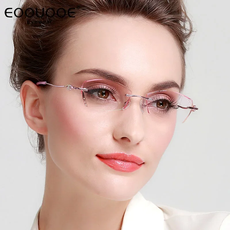 

Luxury Design Women Rimless Eyewear Trimmed Glasses Diamond Crystal Gradient Pink Coloed Lenses Myopia Hyperopia Glasses Frame