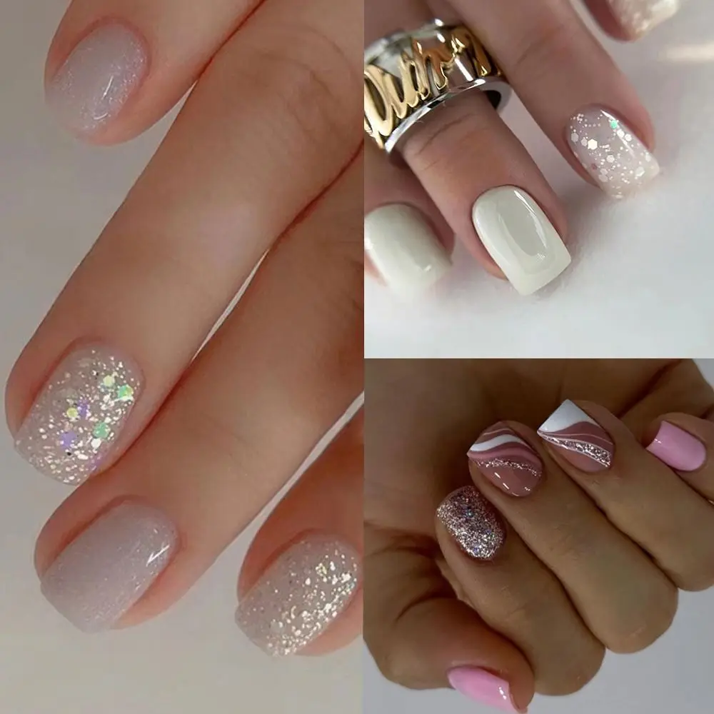 Franse Valse Nagels Mode Roze Wit Glanzende Nagel Tips Korte Ronde Afneembare Nep Nagels Voor Diy