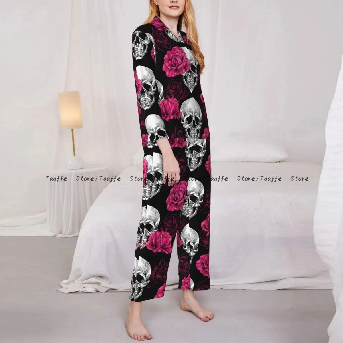 

Spring and Autumn Pajama Set Women's Long Sleeve Pants Two Piece Skulls And Pink Roses Home Furnishing Set