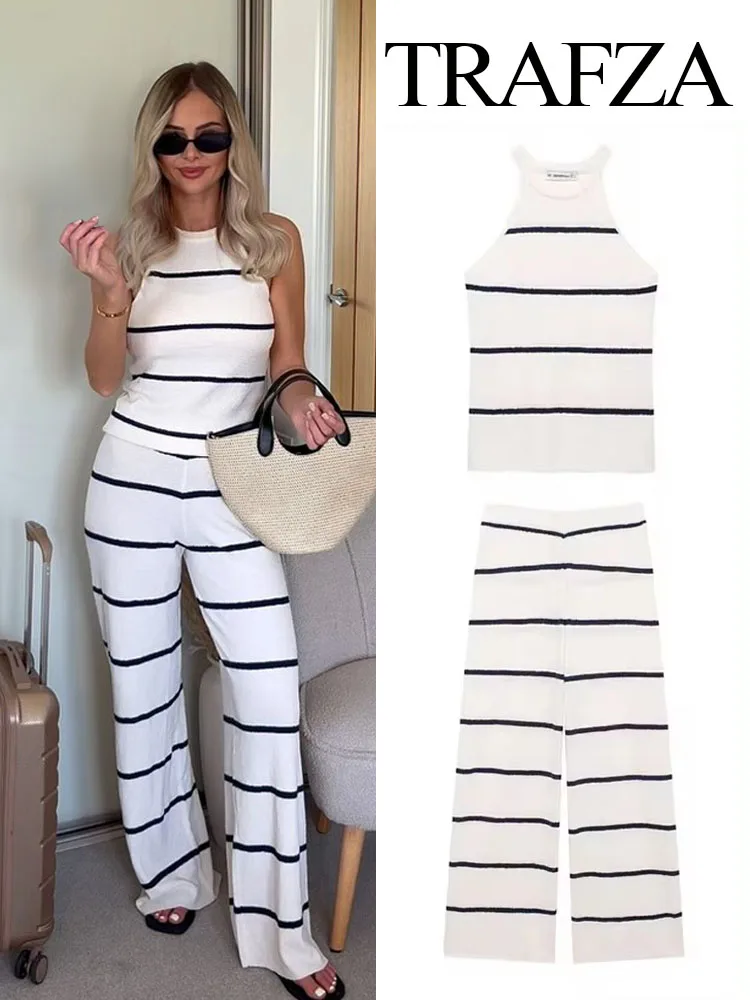 TRAFZA Women Fashion Suit Stripe O-Neck Sleeveless Sweater Vest Tops+High Waist Elastic Waist Wide Leg Pants Female Summer Sets