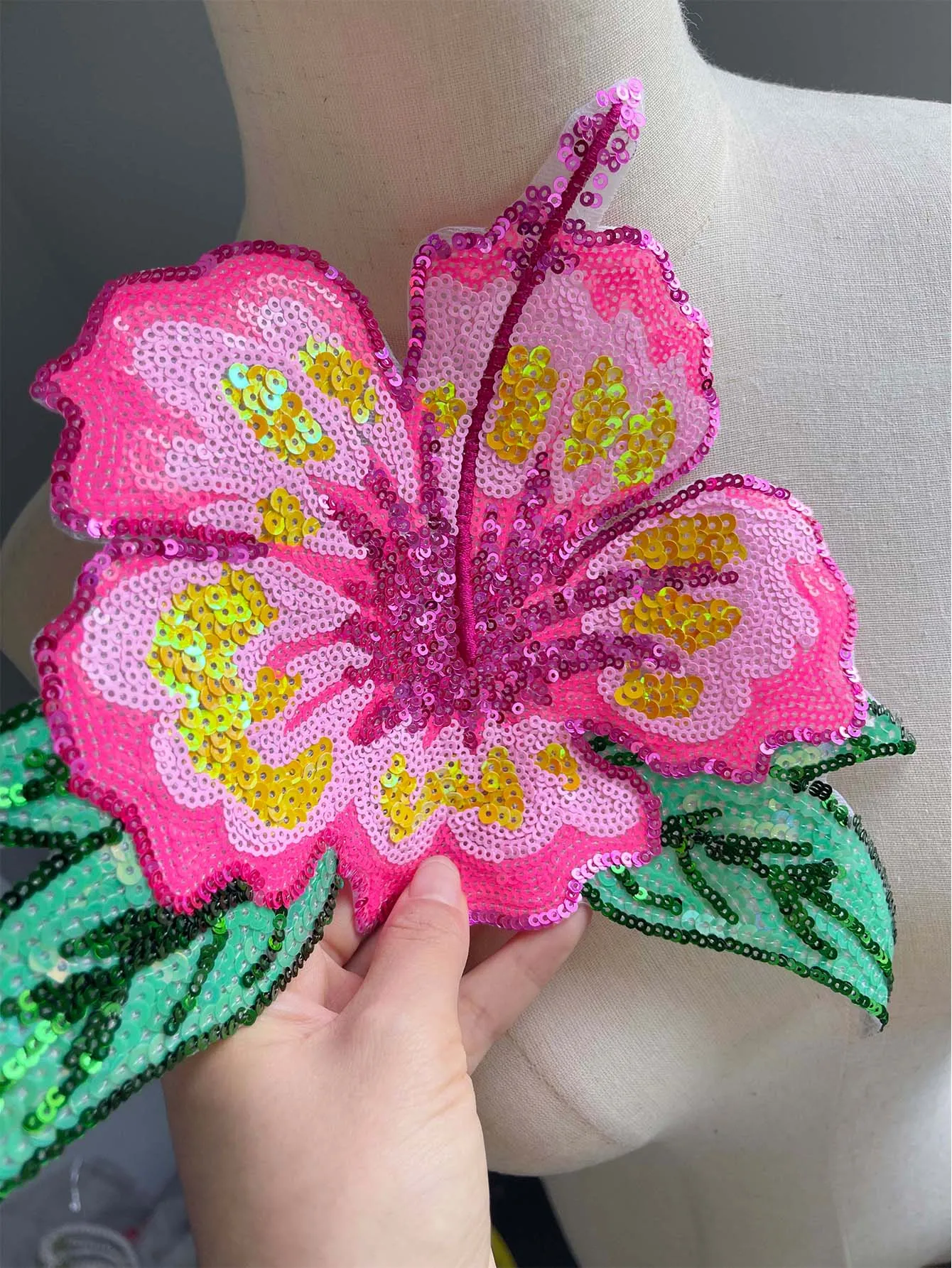 1 Piece 26CM Shining Pink Sequins Iron On Flower Patch for Evening Dress Swimsuit DIY Clothing Applique