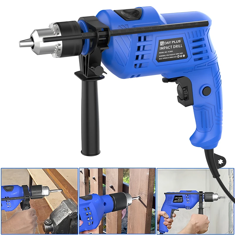 Perceuse Burineuse 850W 230V, 3000tr/min Vitesse Variable, Mandrin 13mm, 2 en 1 avec Poignée 360° – Pour Bois Métal Béton Pierre, Jeu de Forets 5/6/8mm et Profondeur Réglable