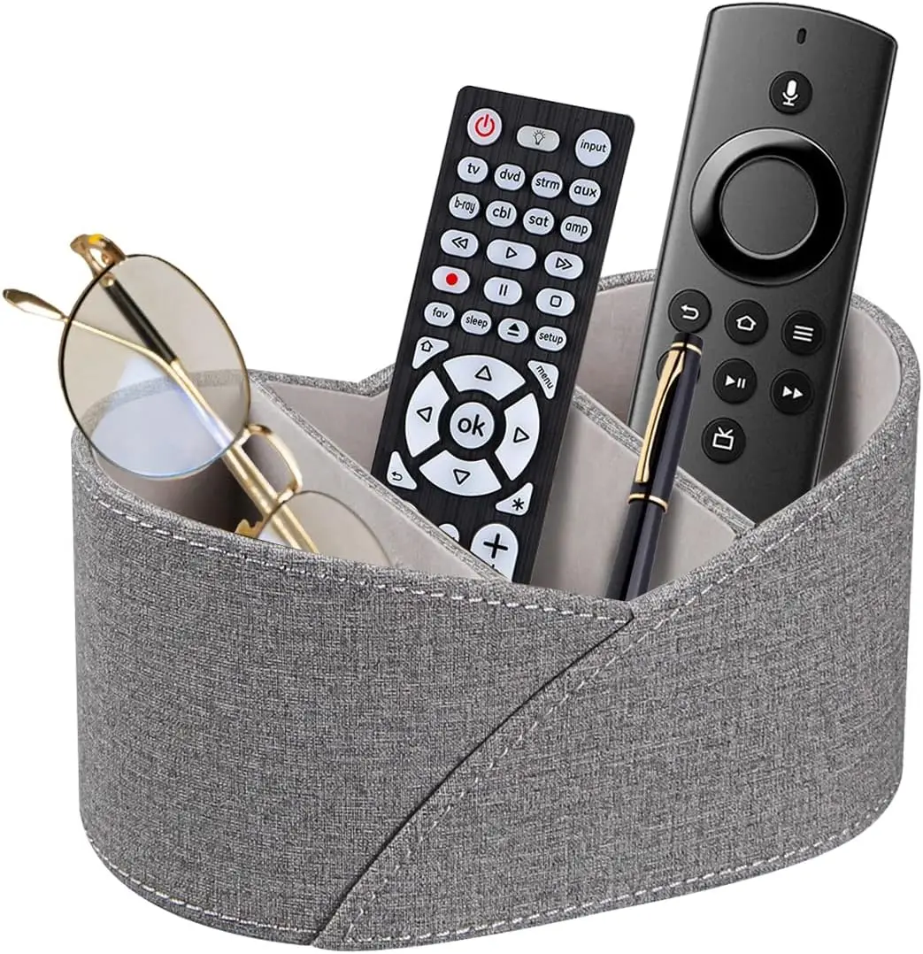 

Modern PU Leather Remote Control Holder with 3 Compartments, Desk Organizer for Office/School/Home, Grey