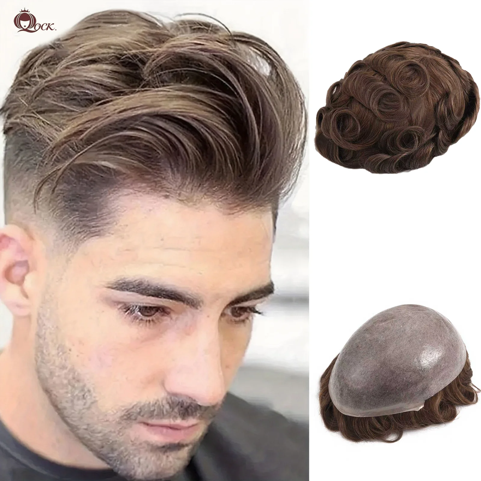 

Men's 8x10 Full PU Hair System - 0.04mm Ultra-Fine Injection Hair Toupee, 30mm Wavy Remy Human Hair, Multi-Color Options