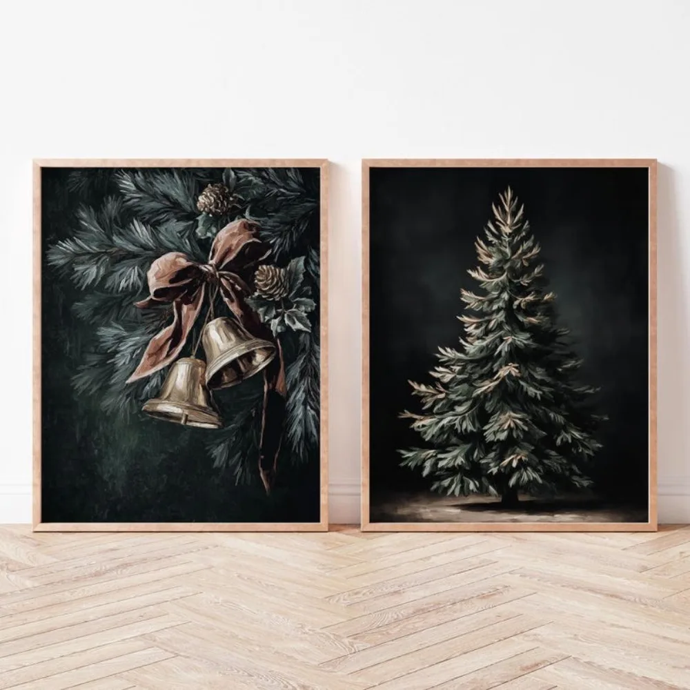 Frameless,Ringtone Retro Christmas,Cottage Brown Wall Gallery,Christmas Tree Painting Art,Digital Download,Living Room Decor