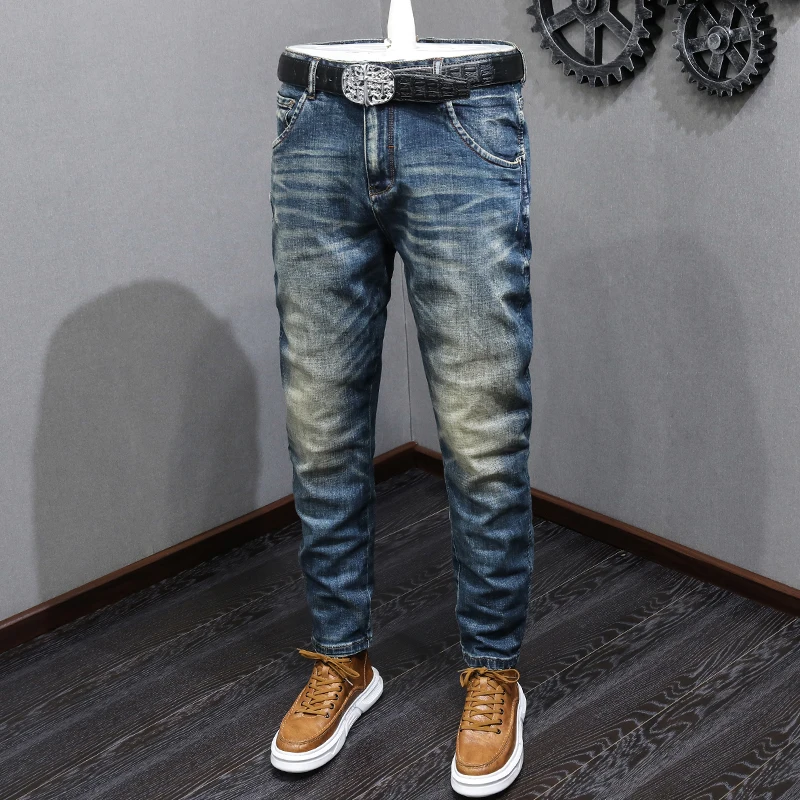 Italian Style Fashion Men Jeans High Quality Retro Washed Blue Stretch Slim Fit Ripped Jeans Men Vintage Designer Denim Pants