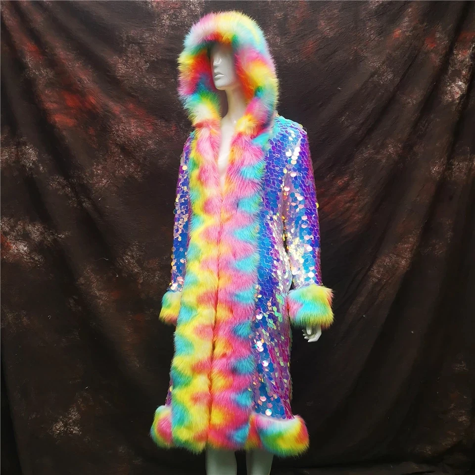 

Fur Hooded Long Cloak Coat Drag Queen Costume Bar Show Stage Performance Clothes Shining Sequins Pink Splicing Sequined Overcoat