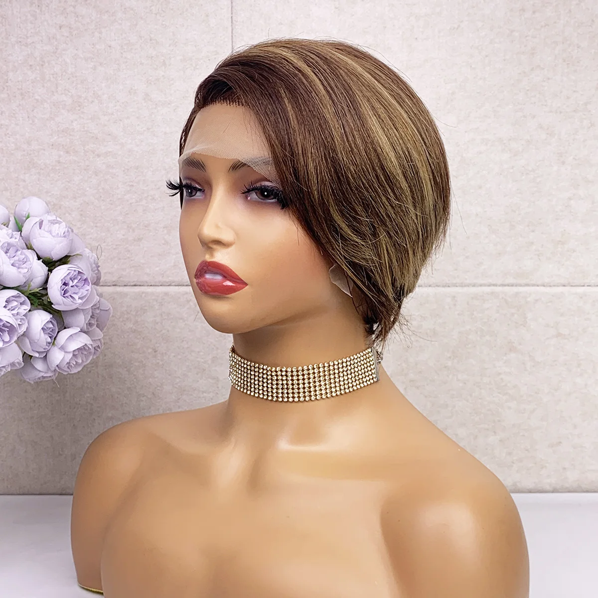 Sassoon-Perruque Bob Lace Closure Wig Naturelle, Cheveux Courts, Coupe Pixie P4/27, 6 Pouces, 100% Cheveux Humains