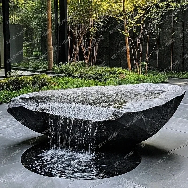 XX Black Mountain stone water bowl basin courtyard Chinese fountain stone carving water fountain garden  water feature