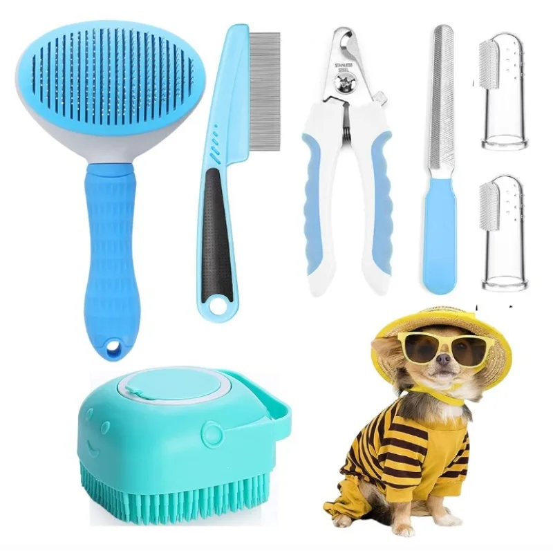 7-Piece Pet Grooming Kit Cleaning Brush Nail Clipper File Flea Comb Bath Brush Finger Toothbrush for Pets Dog Grooming Supplies