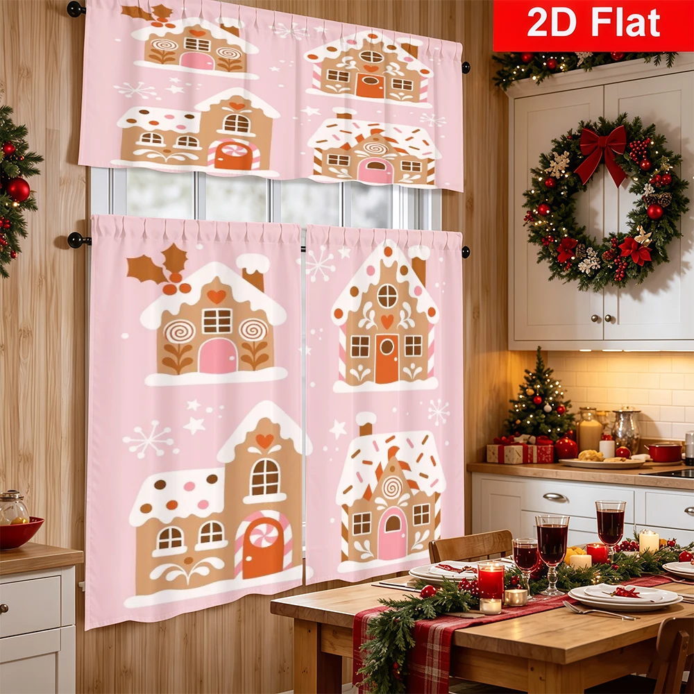 Christmas Kitchen Curtains, Gingerbread House Pink, Digital Print, Kitchen Dining Room, Rod Pocket Polyester, Home Decor