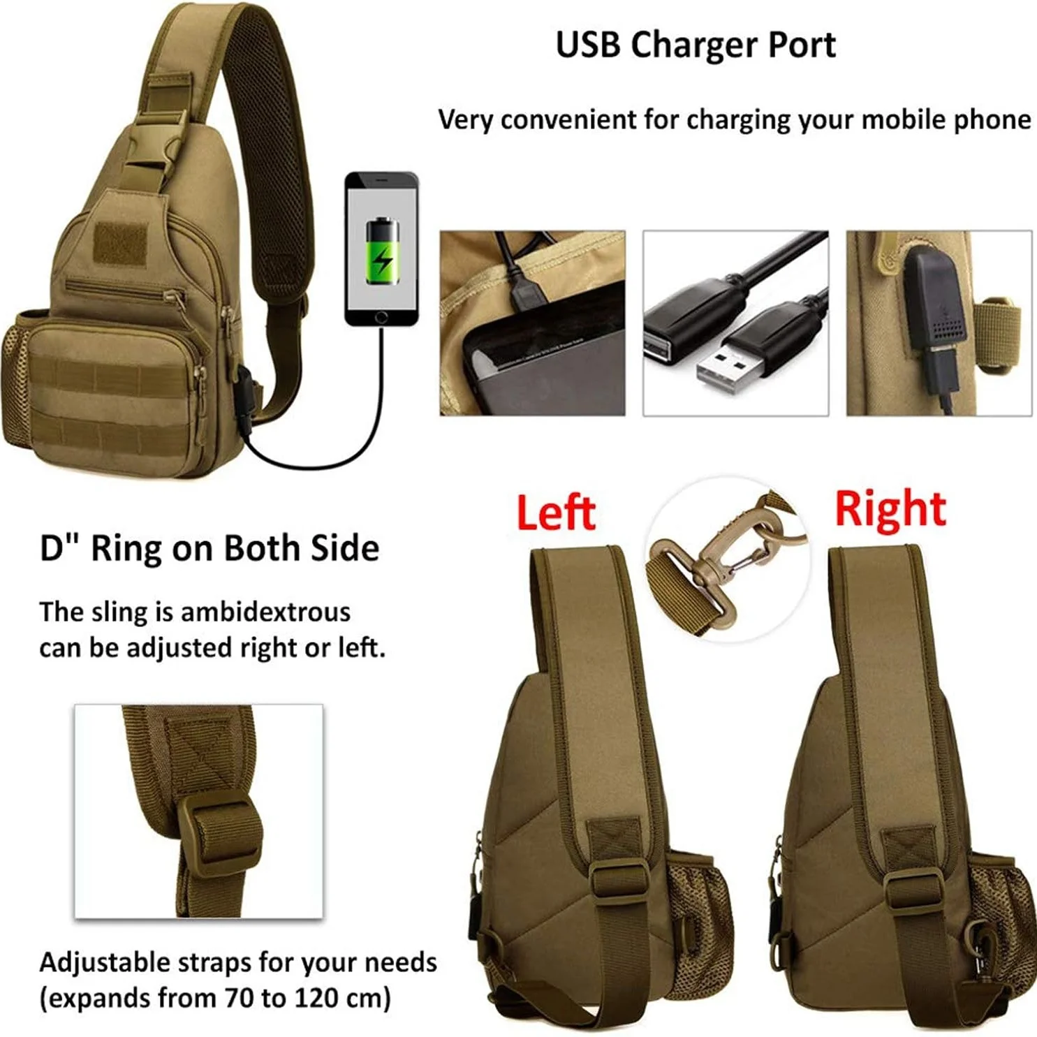 Paquete de eslinga unisex para exteriores, nailon duradero, puerto USB externo y correa personalizable, para senderismo, correr, ciclismo, viajes, gimnasio y