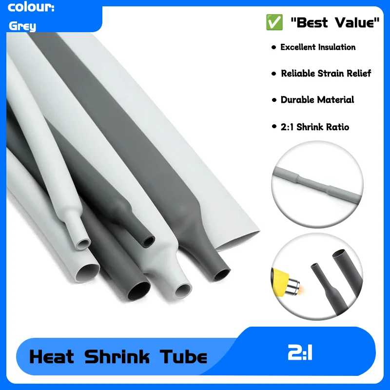 

2:1 Heat Shrink Tube DIY Cable Repair Polyolefin Protector Shrinkable Tubing Insulation Case Sleeve Wrap Grey Dia 1mm ~ 50mm