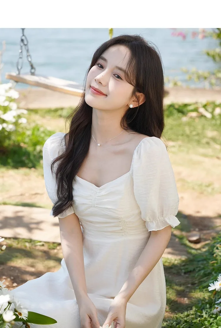 스퀘어 넥 퍼프 슬리브 셔링 미디 드레스, 로맨틱 코티지코어 스타일의 여름 우아한 슬림핏 A라인 홀리데이 롱 드레스