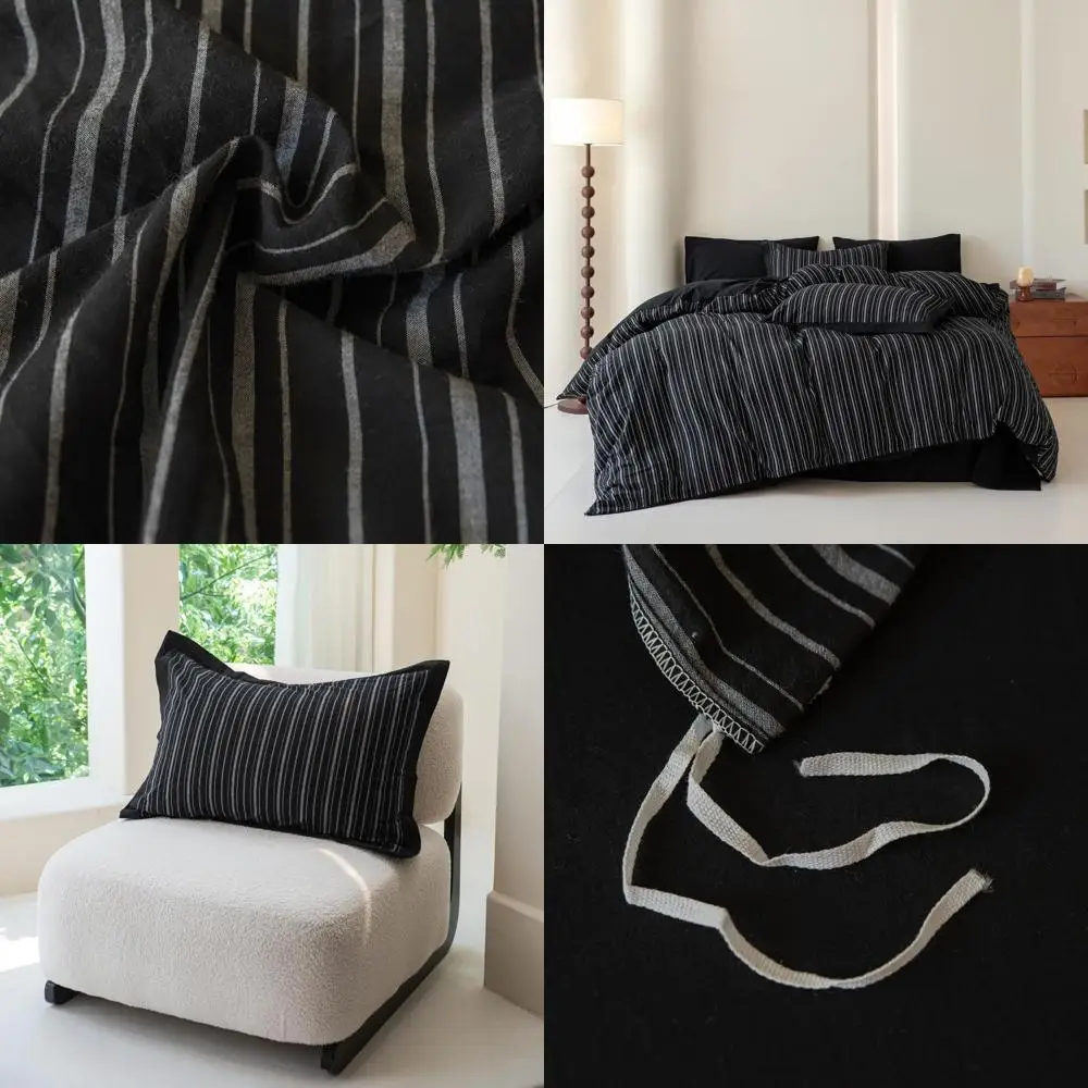 

Комплект хлопкового пододеяльника в тонкую полоску размера Queen — 1 чехол в черную полоску с застежкой-молнией и 2 белыми подушками Шамс