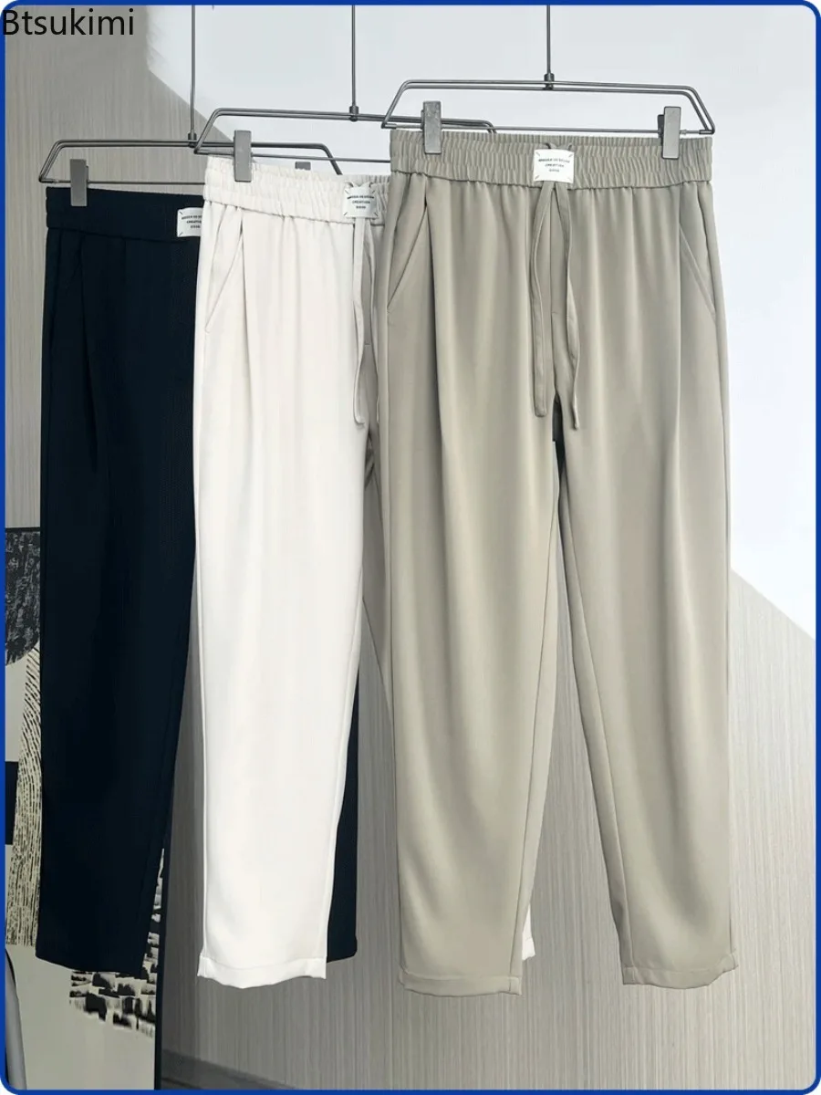 Summer New Solid Straight Pants Men's High Street Casual Loose Pockets Drawstring Suit Pants Men Fashion All-match Thin Trousers