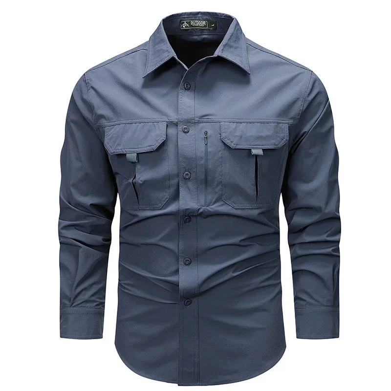 Spring Autumn Men Long Sleeve Shirts Men Tactical Work Shirt Outdoor Quick Dry Multiple Pocket Casual Cargo Camping Hiking Shirt